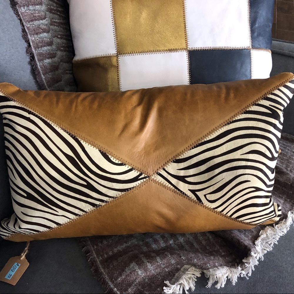 Leather tan and zebra print hair hide pillow NWT